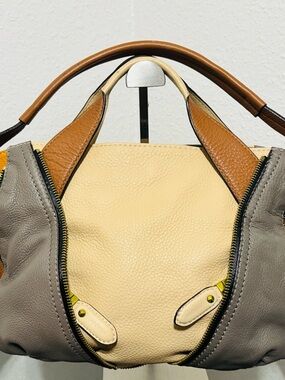 Leather Colorblock Satchel Bag - Cream, Tan, Gray